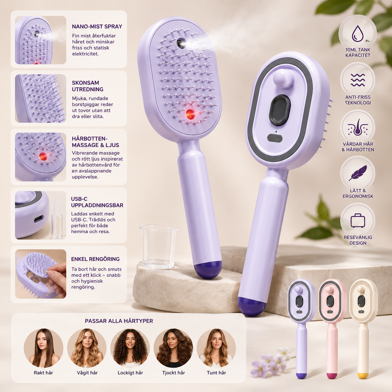 SprayBrush™ | Elektrisk Sprayborste med Nano-Mist, Hårbottenmassage och Anti-Friss Teknologi för Mjukare, Glansigare Hår