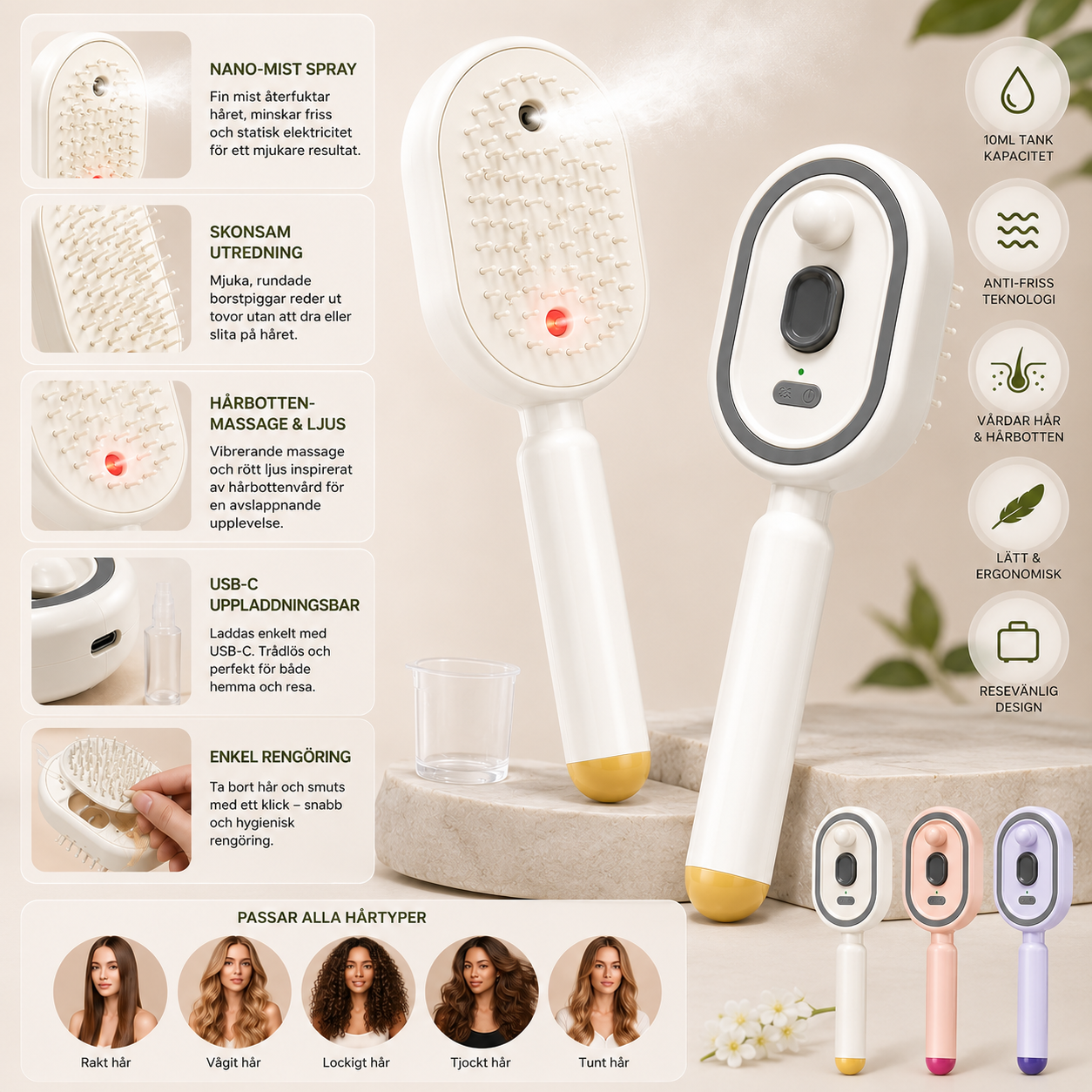 SprayBrush™ | Elektrisk Sprayborste med Nano-Mist, Hårbottenmassage och Anti-Friss Teknologi för Mjukare, Glansigare Hår