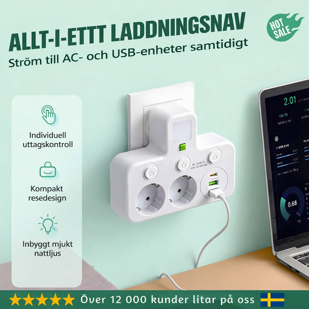 StrömPort™ | Smart multikontakt med USB-laddningshub