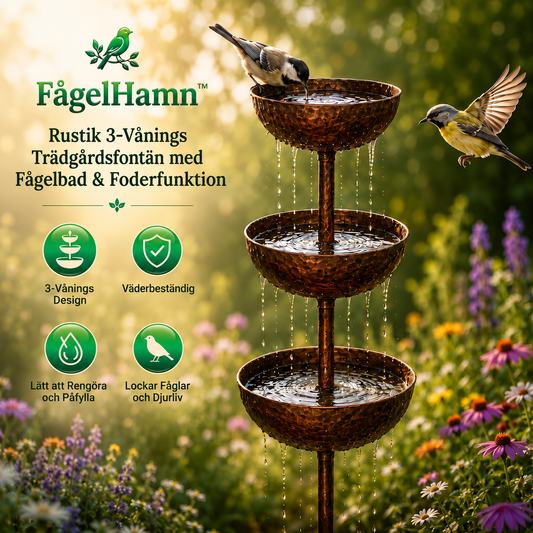 FågelHamn™ | Rustikt fågelbad och matstation i tre våningar med fontän