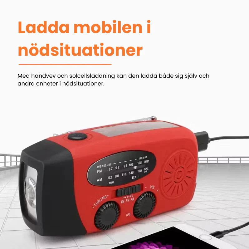 NödVakt™ | Nödradio 2000 mAh inbyggd Powerbank, Ficklampa och Solceller