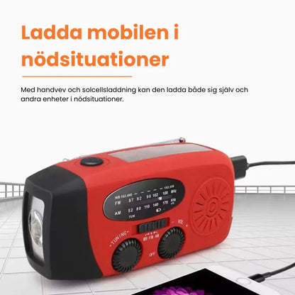 NödVakt™ | Nödradio 2000 mAh inbyggd Powerbank, Ficklampa och Solceller