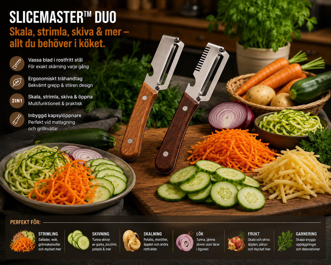 SliceMaster™ Duo | Multifunktionella Skal- & Rivknivar (2-pack)