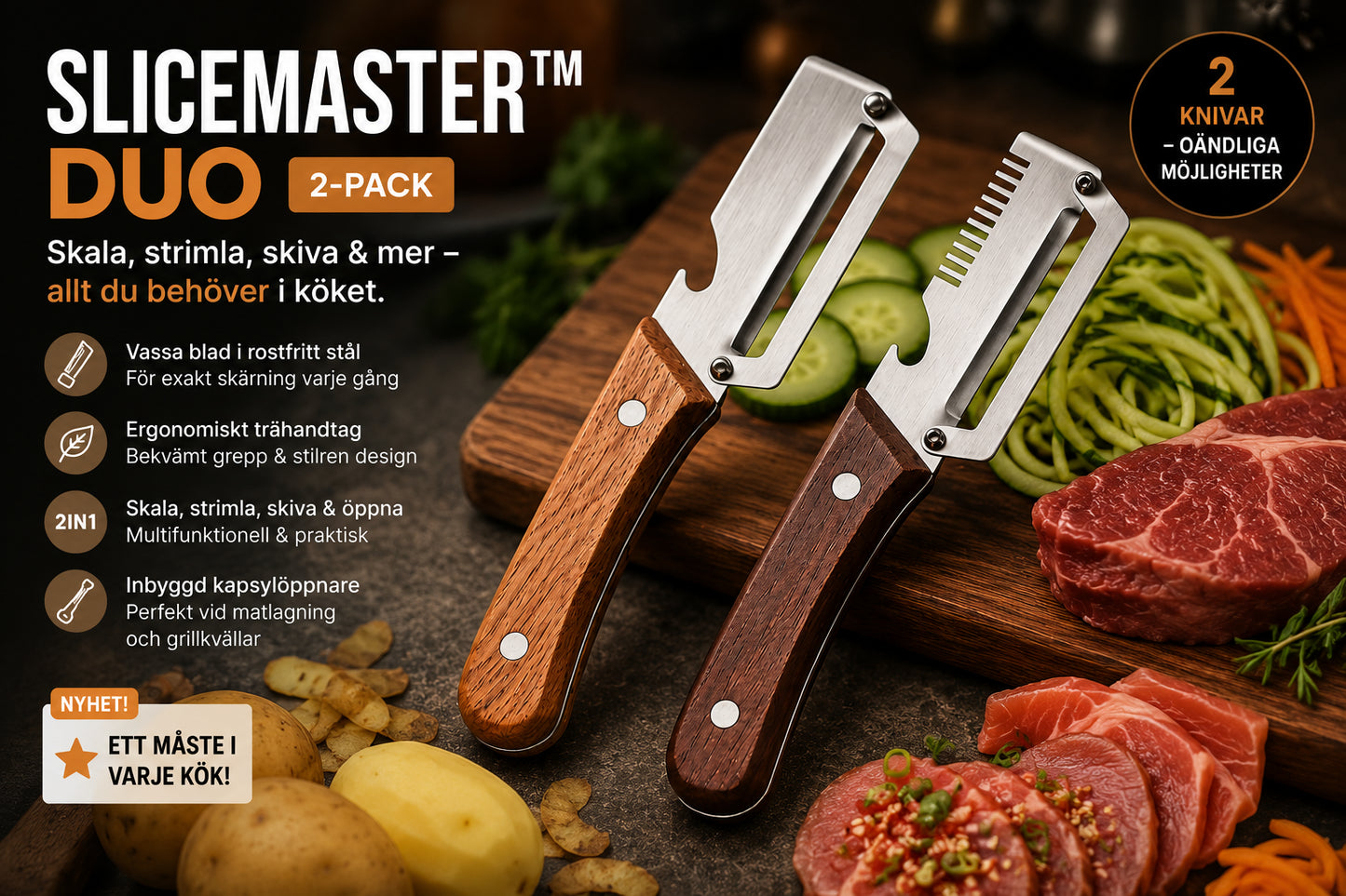 SliceMaster™ Duo | Multifunktionella Skal- & Rivknivar (2-pack)