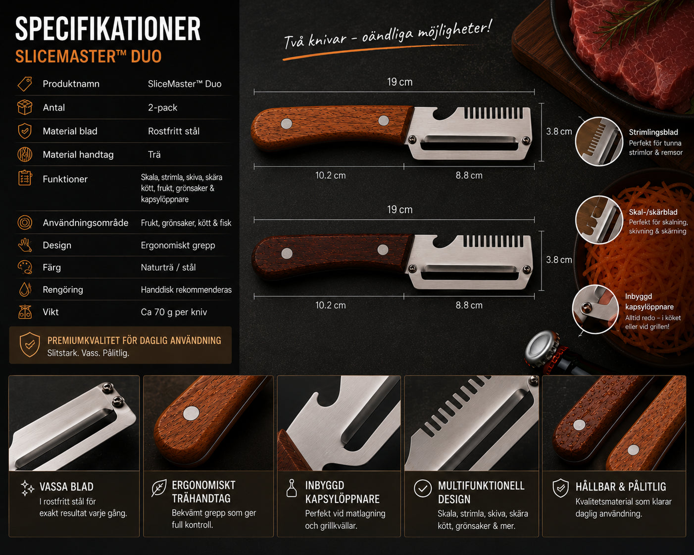 SliceMaster™ Duo | Multifunktionella Skal- & Rivknivar (2-pack)