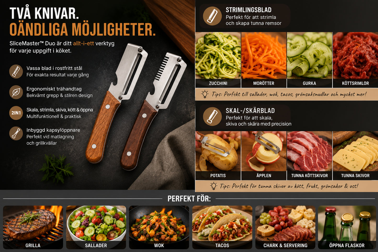 SliceMaster™ Duo | Multifunktionella Skal- & Rivknivar (2-pack)